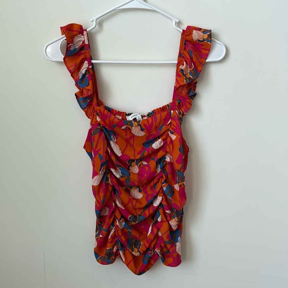 Rose + Olive Orange Tropical Tank Top‎ Ruffle Strap Size Small